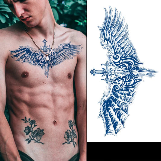 Man with a blue tattoo of an angel on his chest, next to a close-up of the tattoo design.