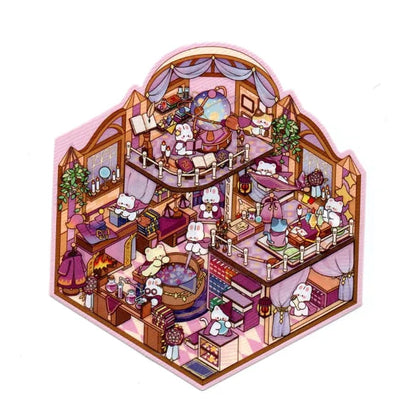 Illustration of a cozy, multi-level room with various furniture and decorative items.