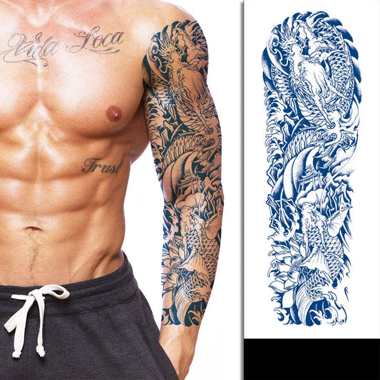Man with a tattoo sleeve and a detailed tattoo design on the right side.
