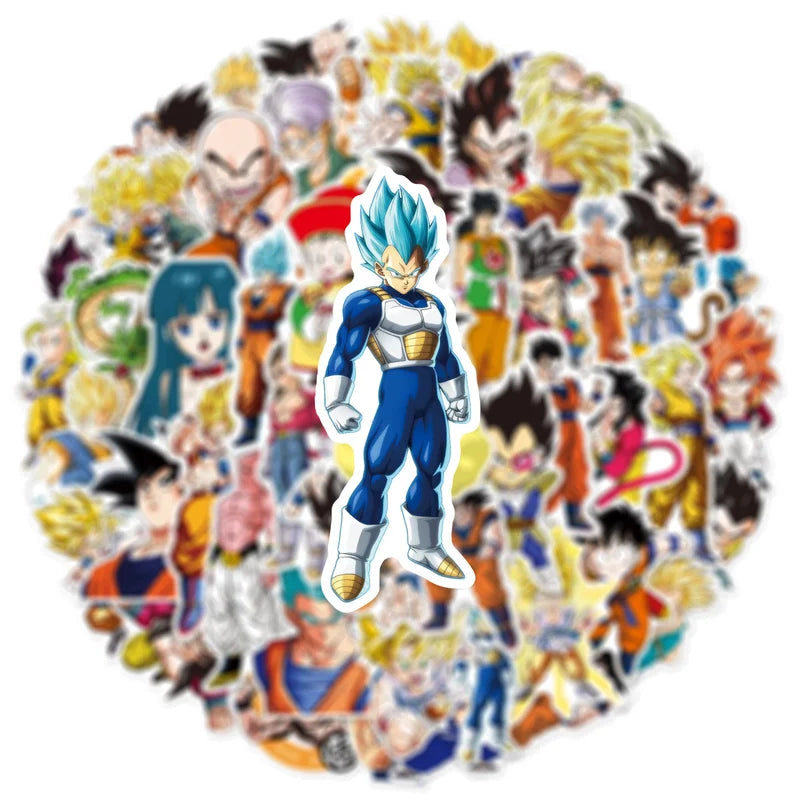Circular arrangement of various animated characters with a prominent blue-haired character in the center.