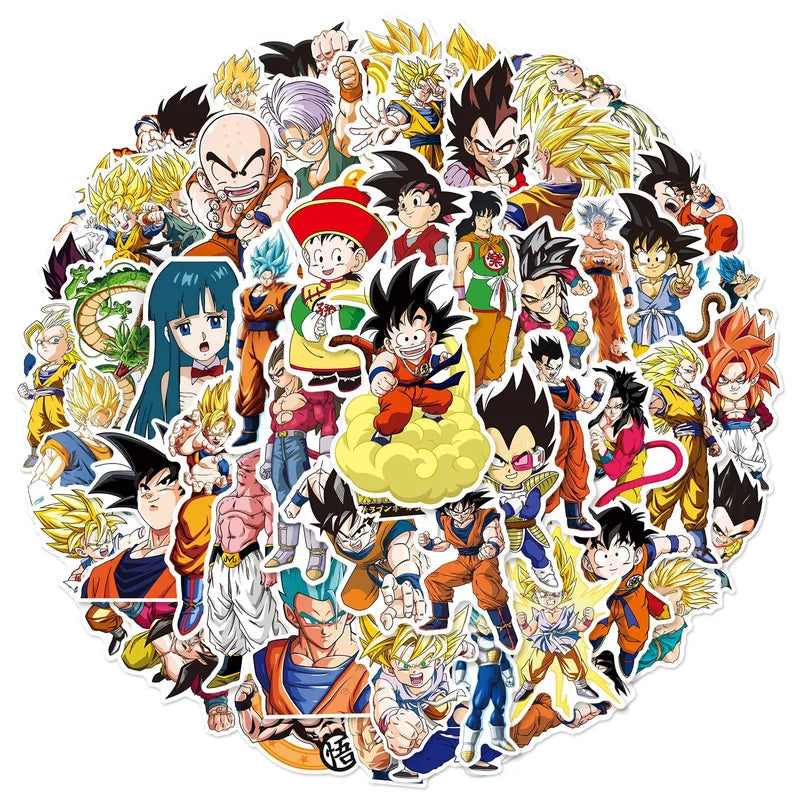 Collection of colorful anime character stickers on a white background