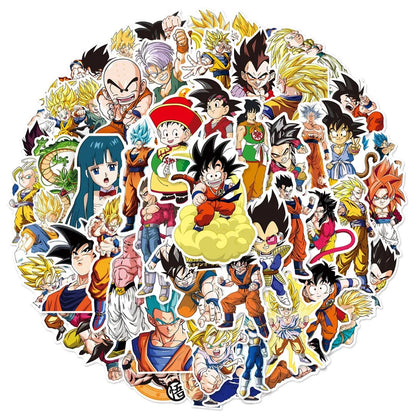 Collection of colorful anime character stickers on a white background