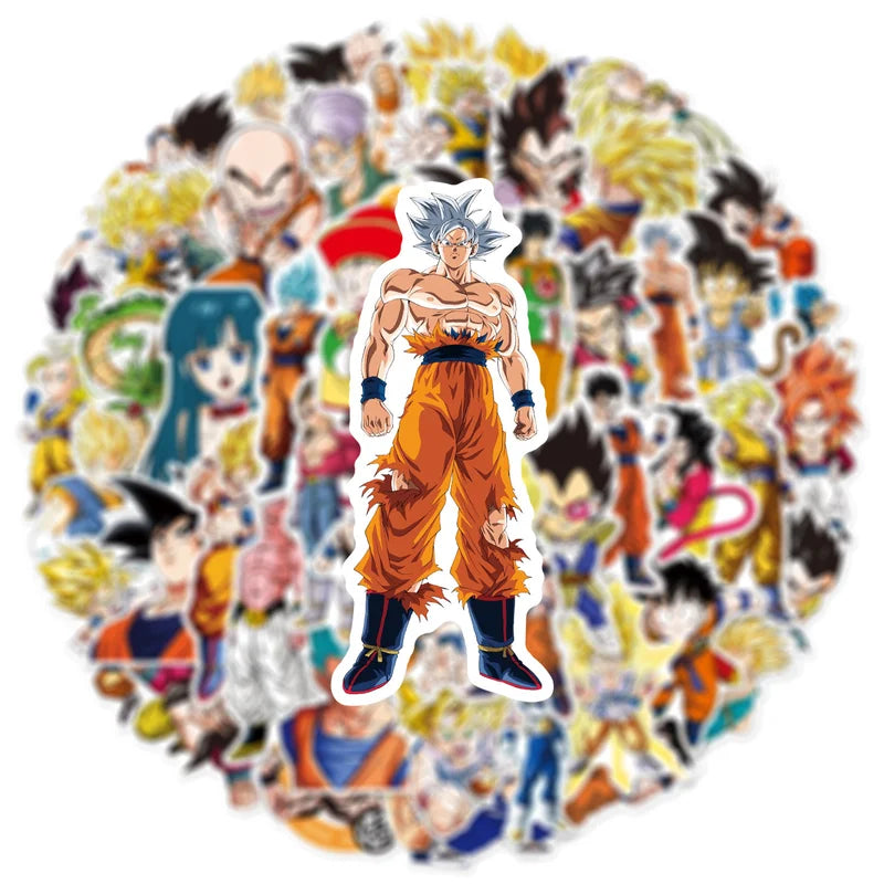 Sticker of a character in orange and blue outfit surrounded by other characters on a white background