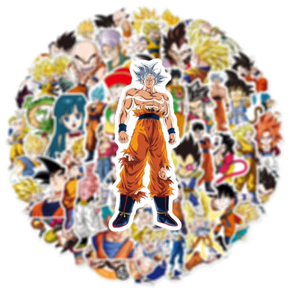 Sticker of a character in orange and blue outfit surrounded by other characters on a white background