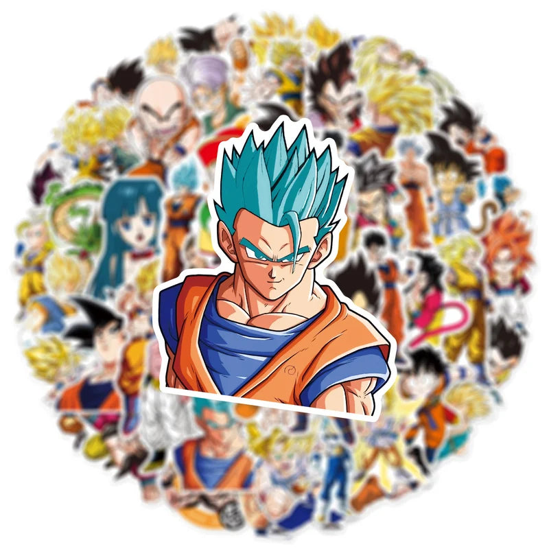 Collection of colorful stickers featuring various characters, with a prominent character in the center.