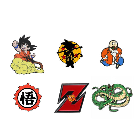 Six Dragon Ball Z themed enamel pins arranged in a 2x3 grid on a plain white background, featuring Goku, Vegeta, Piccolo, the Star Planet emblem, the Zeno logo, and a green dragon.