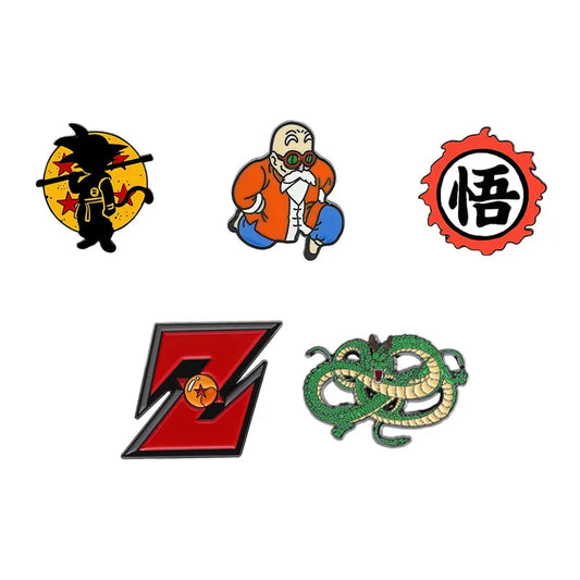 Set of five colorful logos featuring characters and symbols on a white background