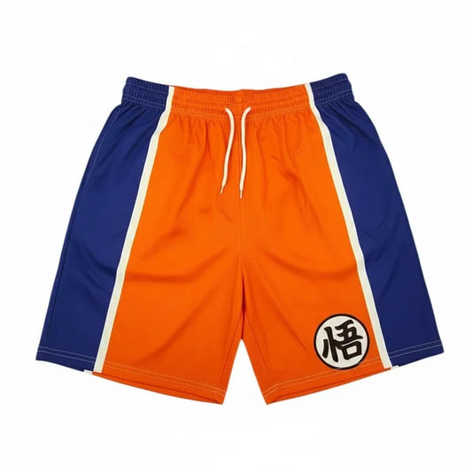Orange and blue shorts with a symbol on a white background