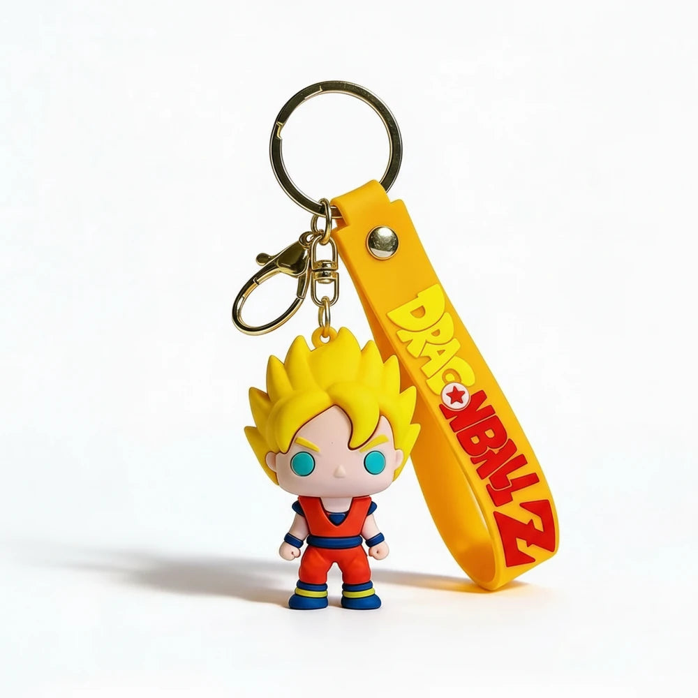 Keychain with a character figure and yellow strap featuring 'Dragon Ball' logo on a white background