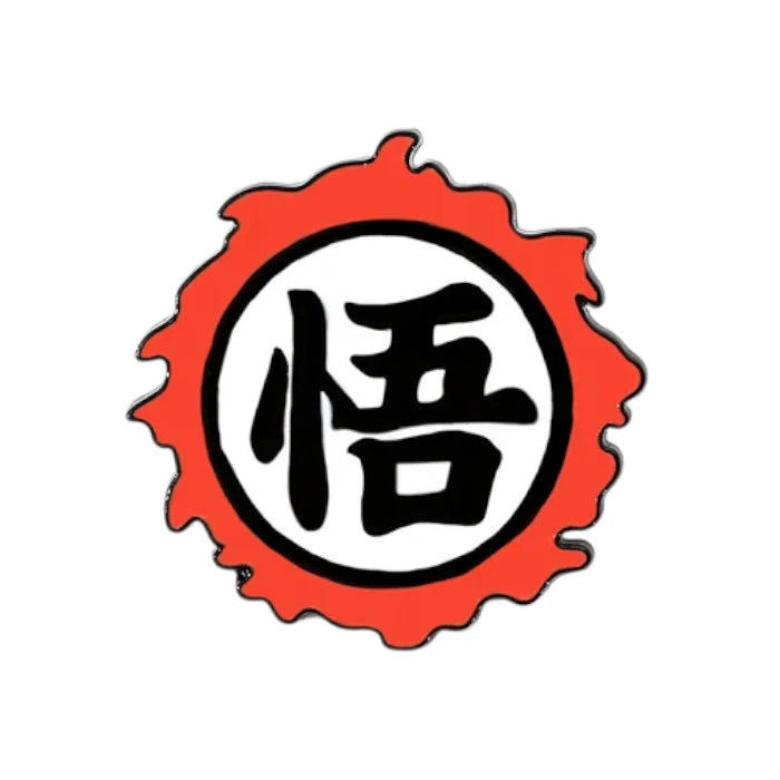 Circular logo with red border and black character inside on a white background