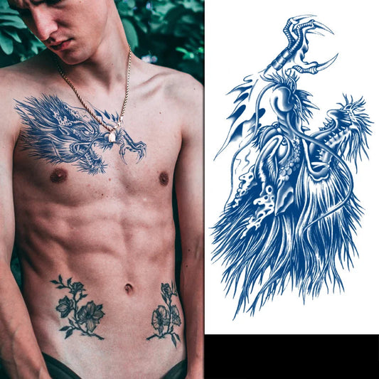 Man with blue dragon tattoo on chest and arm, next to a detailed blue dragon design