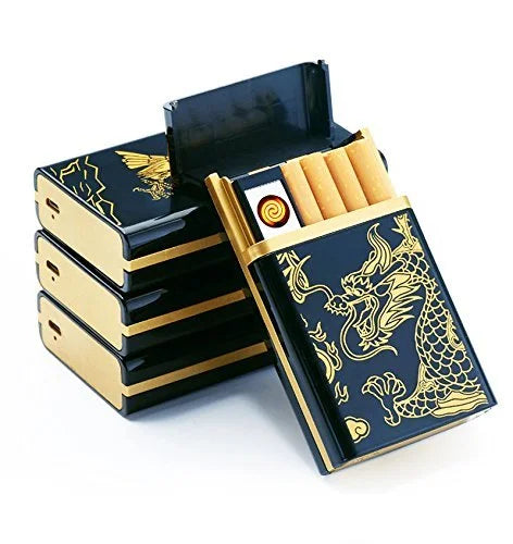 Dragon Design Rechargeable Cigarette Case with Lighter - USB Rechargeable Electronic Windproof Flameless Cigarette Lighter