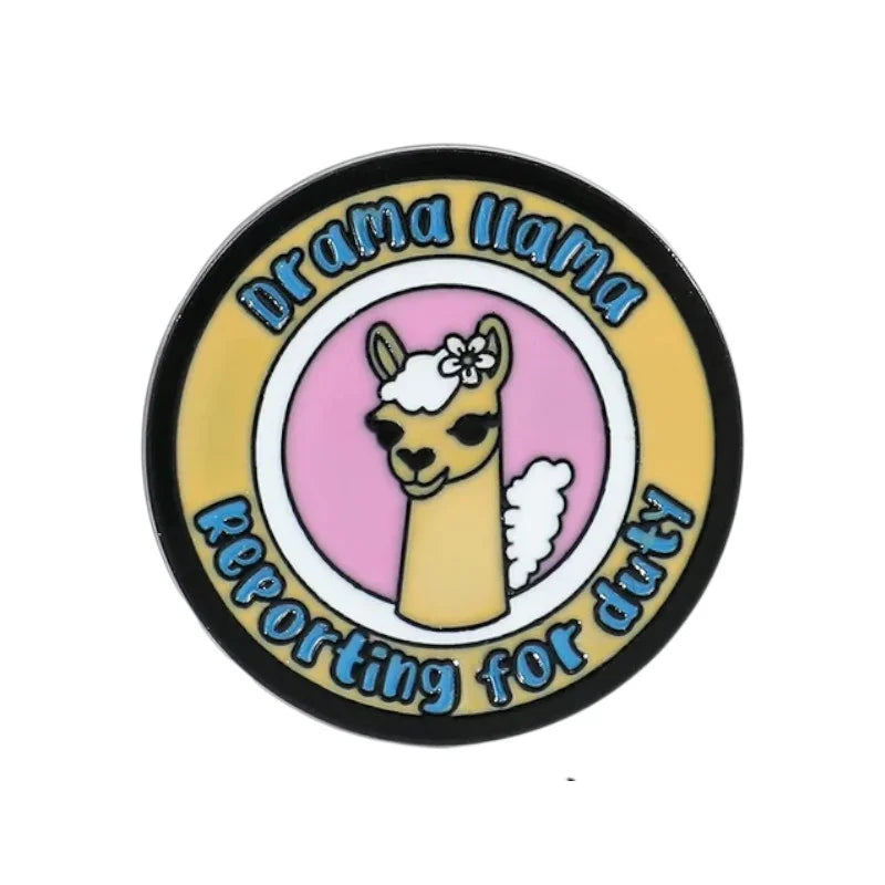 Round badge with a llama illustration and text 'Drama Llama Reporting for Duty' on a white background