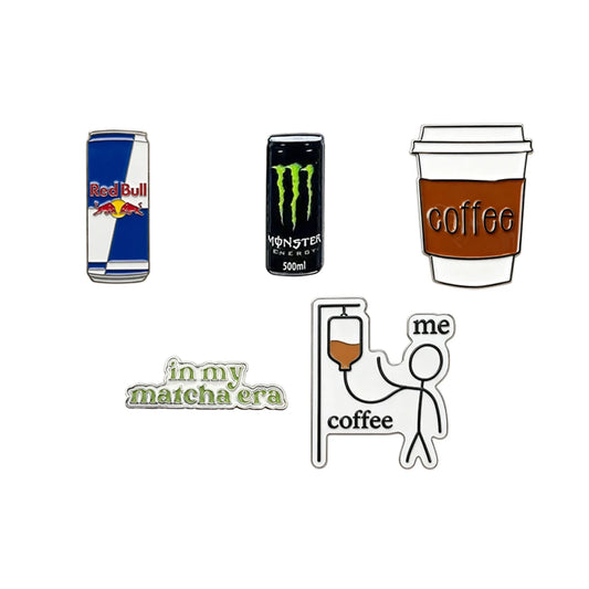 Collection of energy drink cans, a coffee cup, and a humorous illustration on a white background.