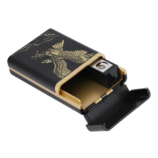 Eagle Design Rechargeable Cigarette Case with Lighter - USB Rechargeable Electronic Windproof Flameless Cigarette Lighter