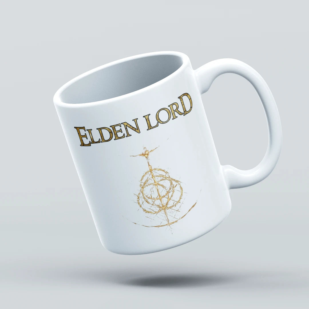 White mug with 'Elden Lord' text and logo on a light gray background