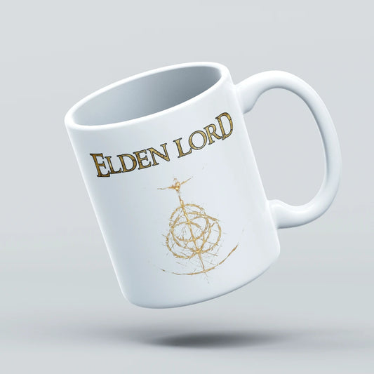 White mug with 'Elden Lord' text and logo on a light gray background