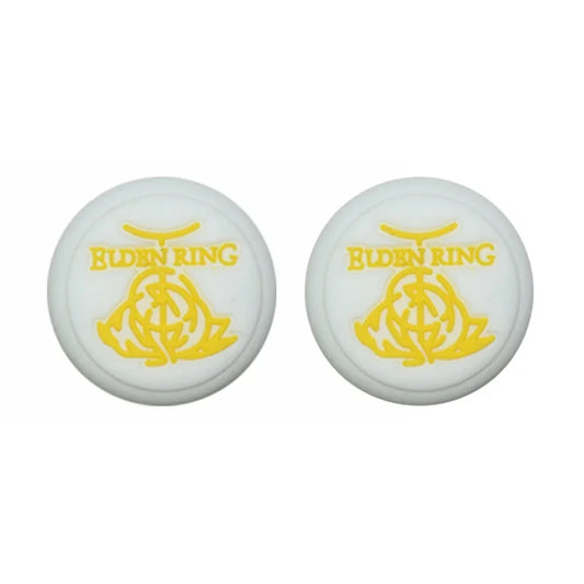 Two white circular objects with yellow 'Elden Ring' logo on a white background