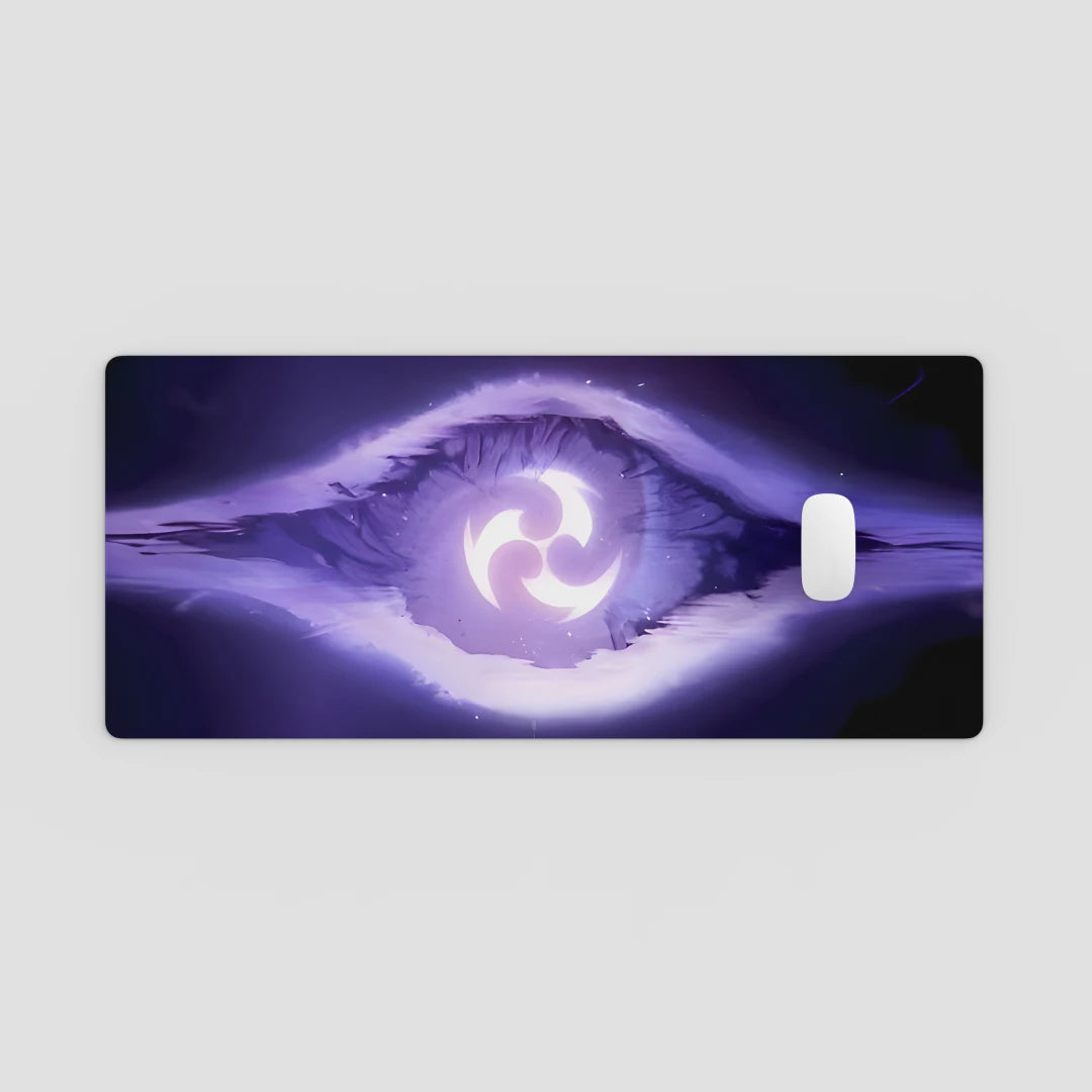 Phone case with a purple eye design on a light gray background