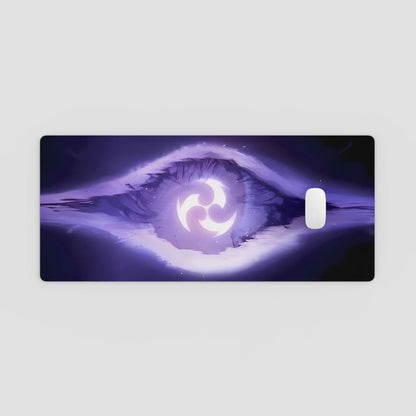 Phone case with a purple eye design on a light gray background