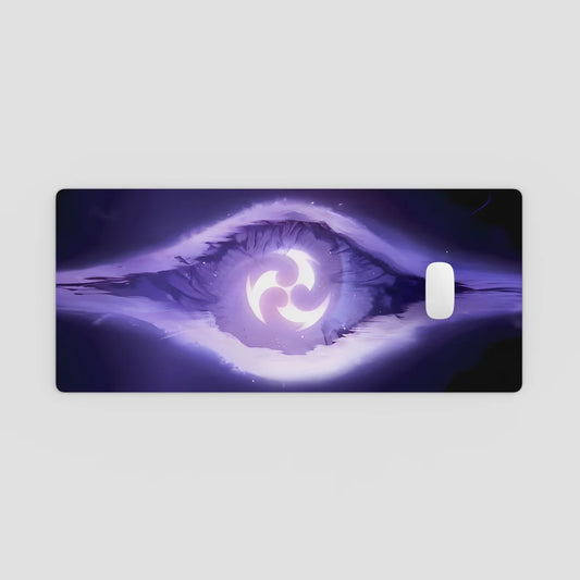 Phone case with a purple eye design on a light gray background
