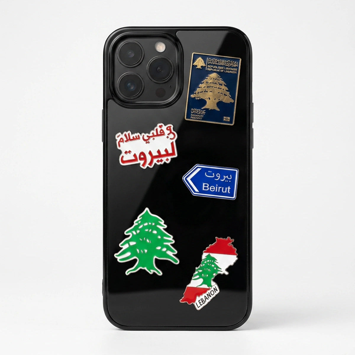 Phone case with Lebanese design elements on a white background