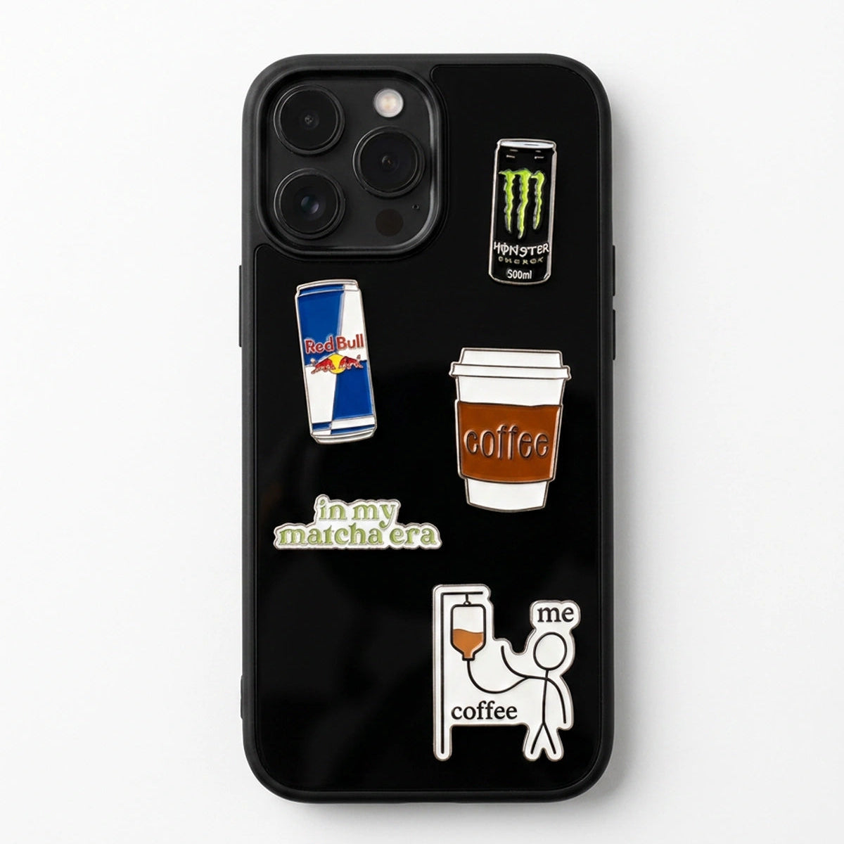 Black phone case with various graphics including a coffee cup, energy drink cans, and text on a white background.