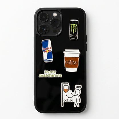 Black phone case with various graphics including a coffee cup, energy drink cans, and text on a white background.