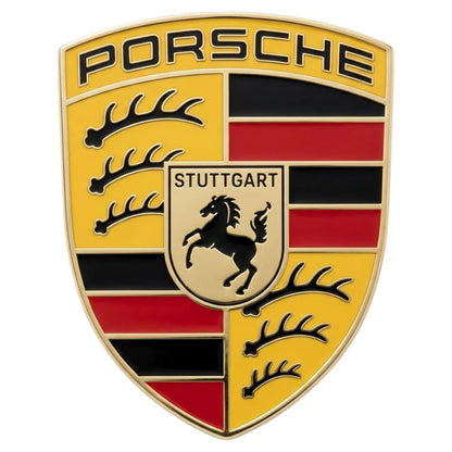 Porsche logo with yellow background, black and red stripes, and horse emblem.