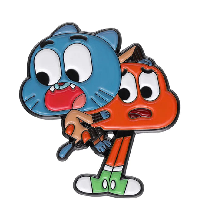 Cartoon character with blue head and orange body holding a gun on a white background