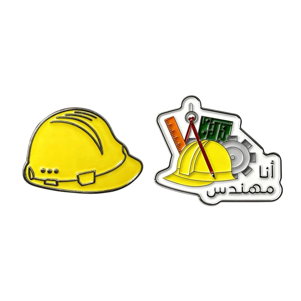 Yellow hard hat and badge with engineering symbols and text on a white background