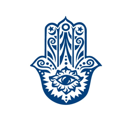 Blue Hamsa hand symbol with an eye tattoo on a white background
