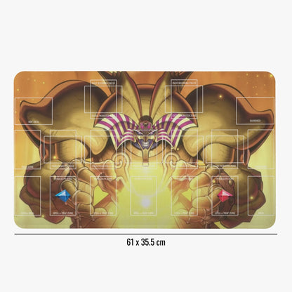 Card game mat with fantasy design and measurements on a white background