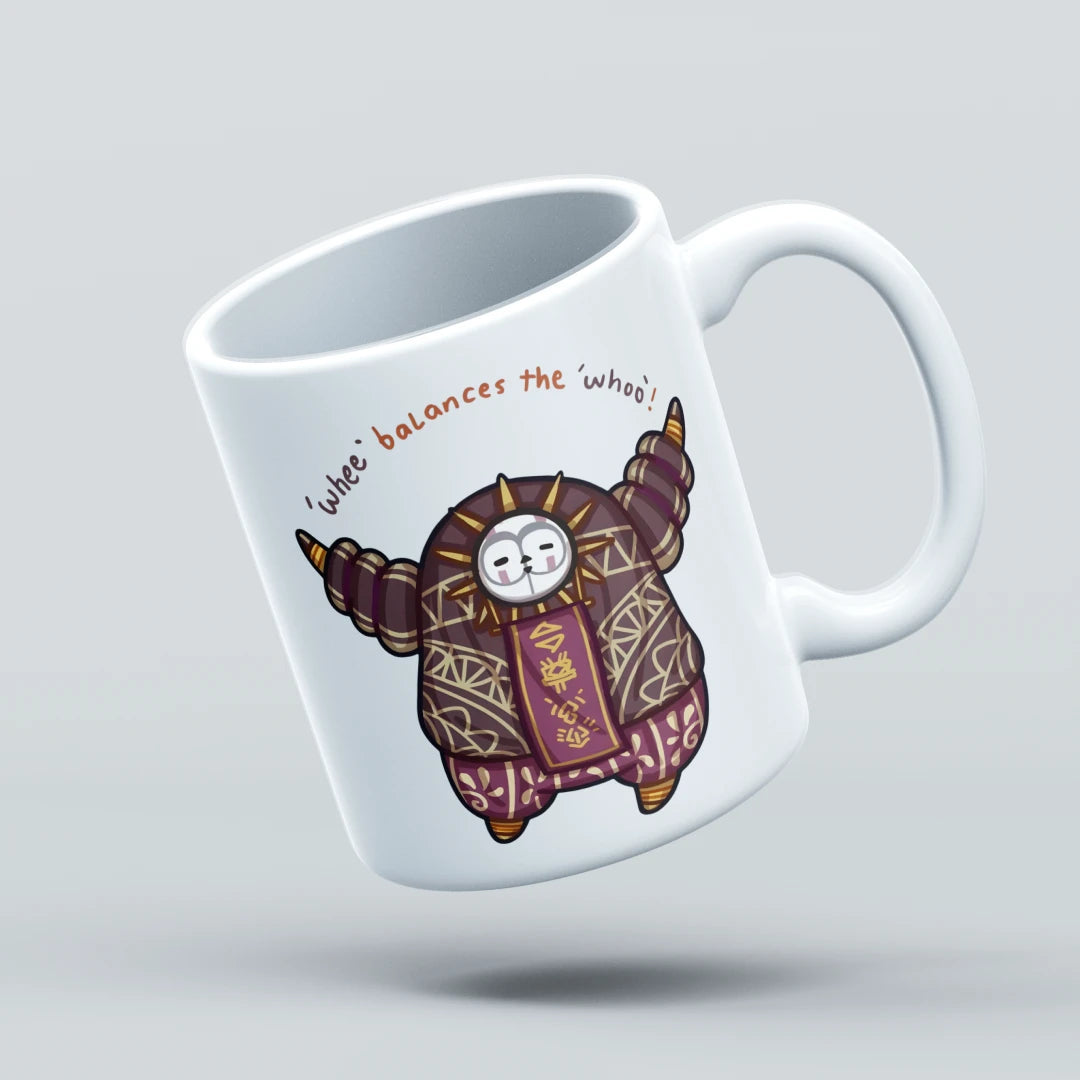 White mug with a cartoon character design on a light gray background