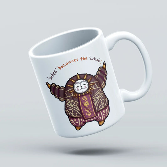 White mug with a cartoon character design on a light gray background