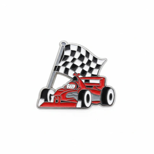 Pin with a red race car and checkered flag on a white background