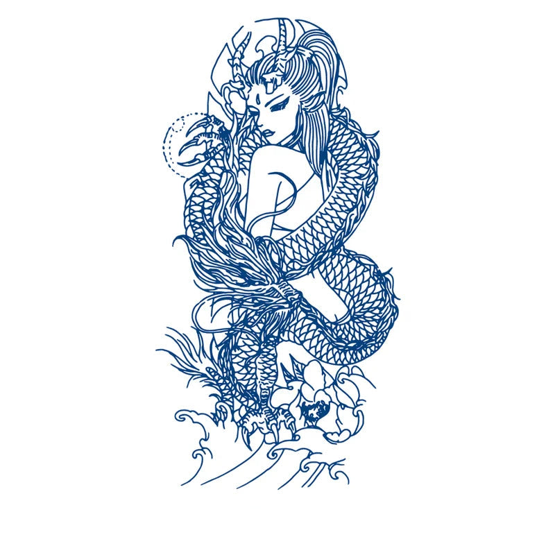Jagua Tattoo of a goddess with a dragon wrapped around here like a scarf