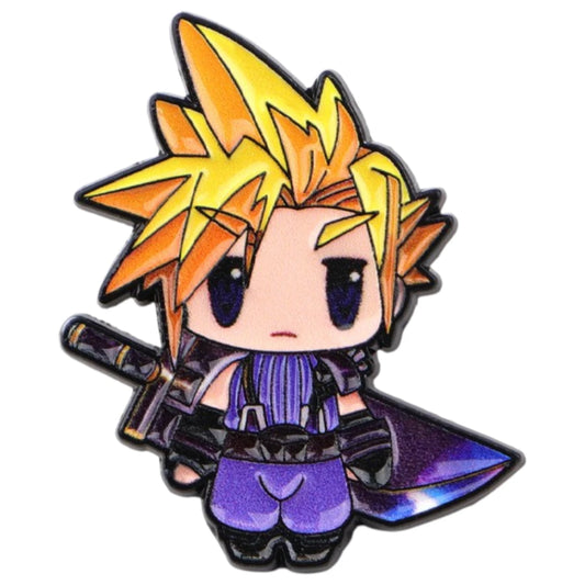 A chibi-style anime character charm or pin featuring spiky yellow and orange hair, a purple outfit, and a sword, shown on a plain white background.