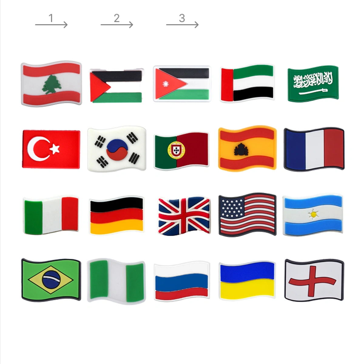 Collection of various country flags displayed in a grid on a white background.