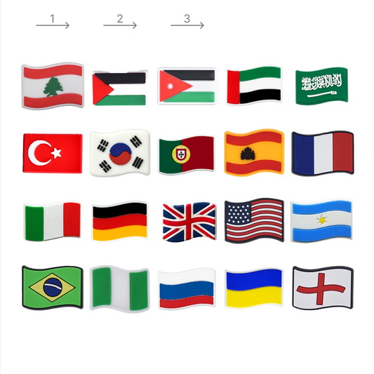 Collection of various country flags displayed in a grid on a white background.