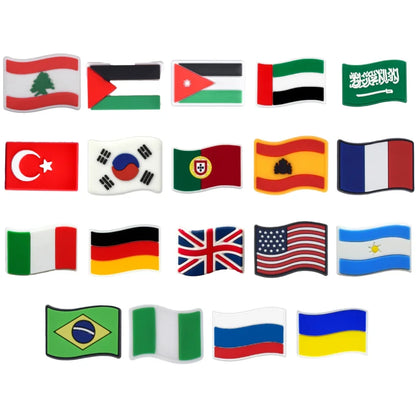 Collection of various country flags pins displayed in a grid on a white background