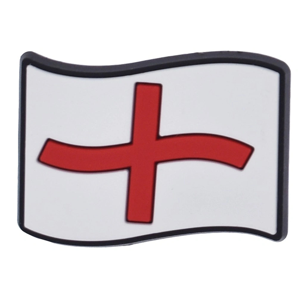 Flag-shaped object with a red cross on a white background