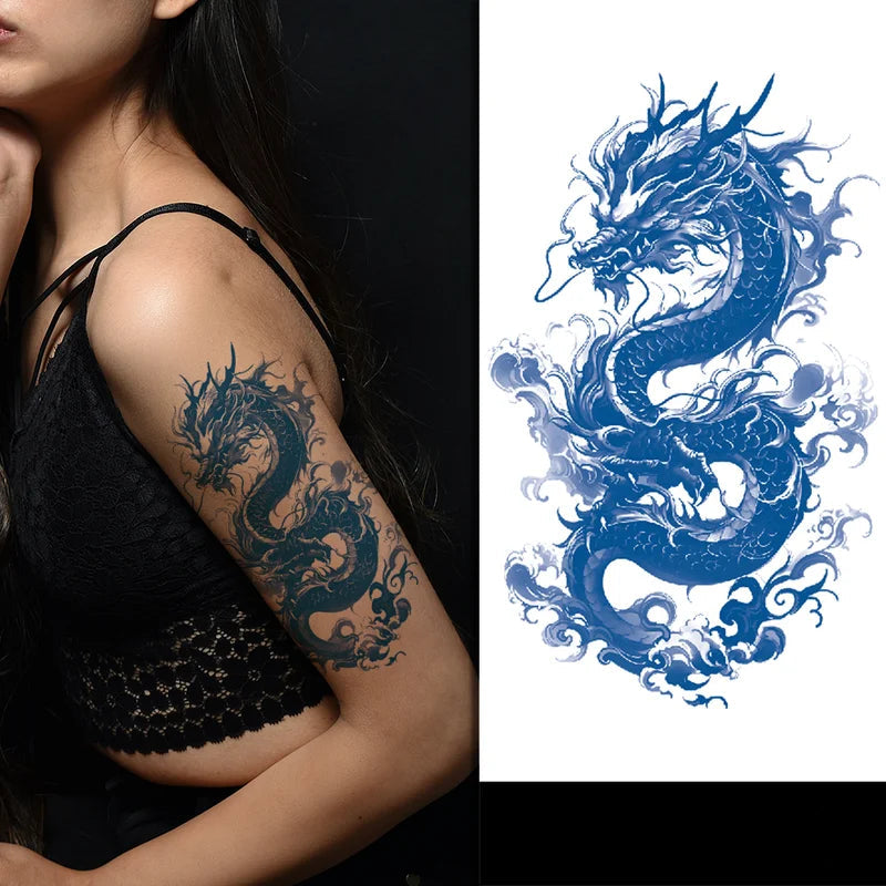Dragon tattoo on a person's arm next to a blue dragon design 