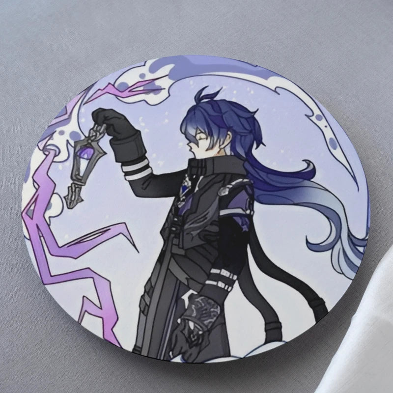 Circular product with anime-style character holding a key against a light purple background