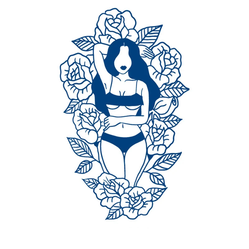 Jagua tattoo of a woman surrounded by roses on a white background