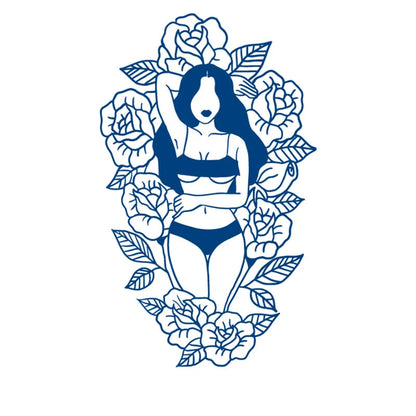 Jagua tattoo of a woman surrounded by roses on a white background