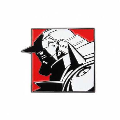 Logo with a stylized dog and helmet on a red background