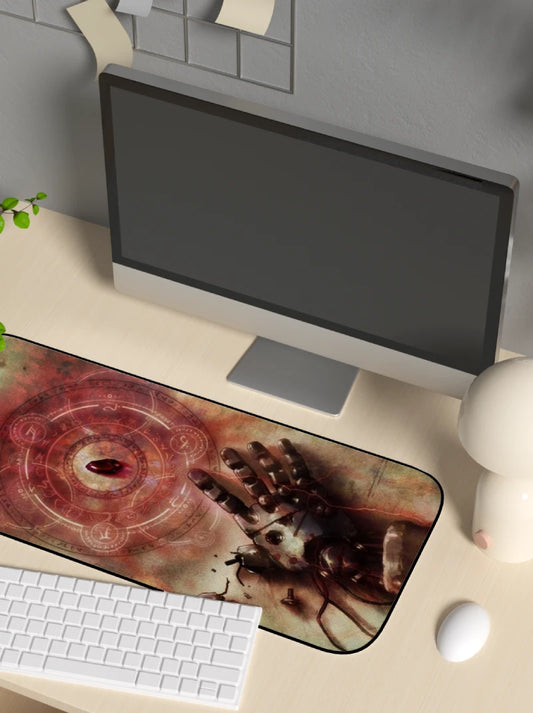 Desk setup with a large mouse pad featuring a fantasy fmab philosopher stone mousepad design, keyboard, and monitor.