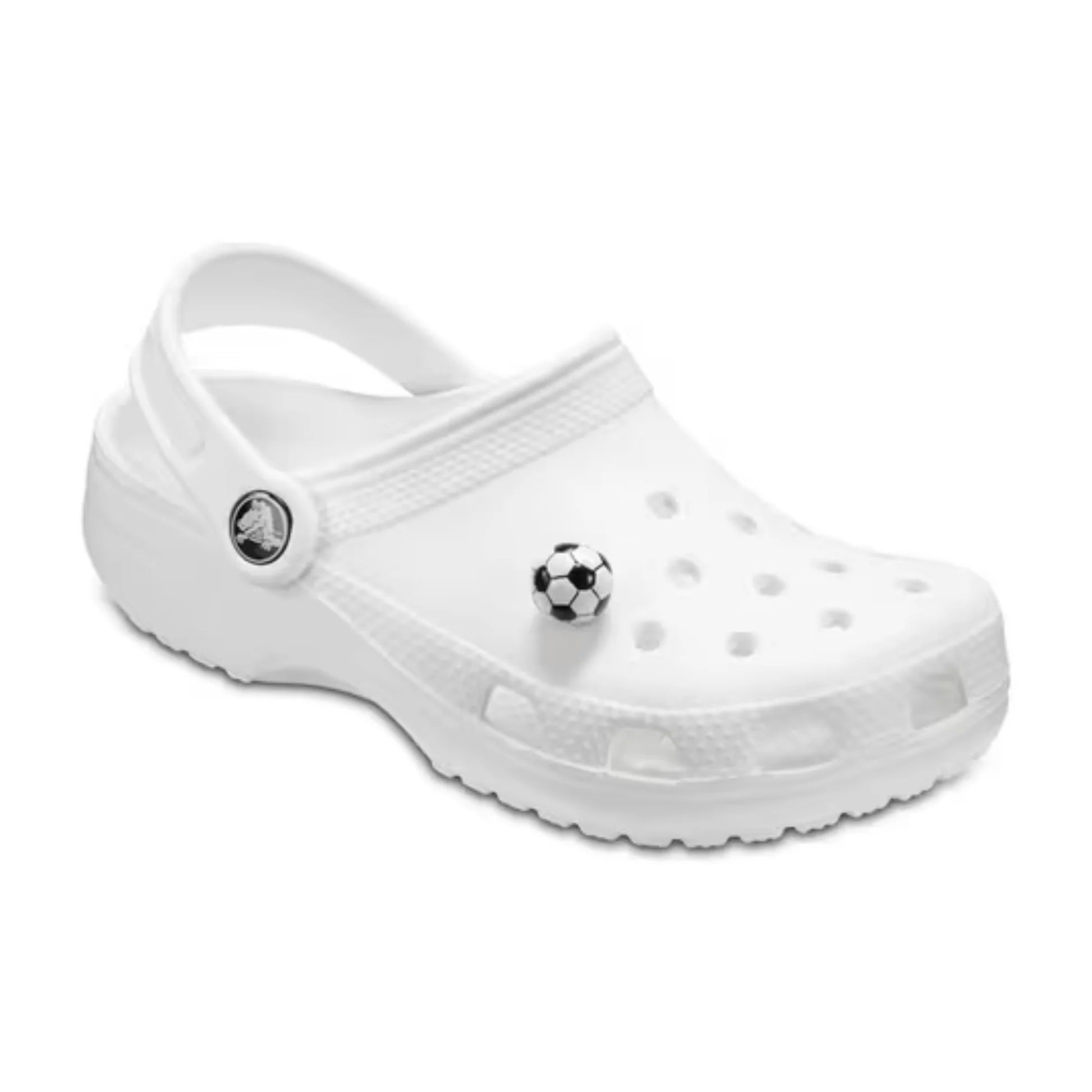White clog shoe with decorative elements on a white background