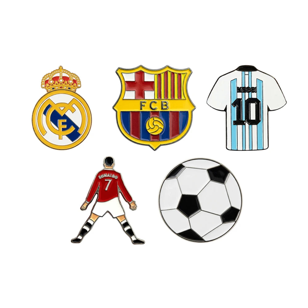 Logos and elements of soccer teams including Real Madrid, Barcelona, and a player with a ball on a white background.